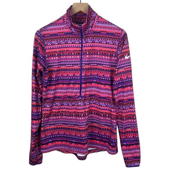 Nike Pro Womens Pink Purple Geometric Long Sleeve‎ 1/2 Zip Athletic Jacket Large - Picture 1 of 4